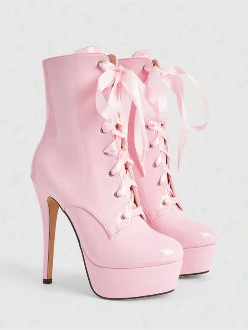 Pink Lace-Up Platform Ankle Boots - Women's Fashion Heels